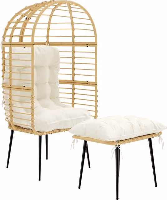 Outsunny Rattan Egg Chair and Ottoman Set with Thick Cushions in Beige – 1