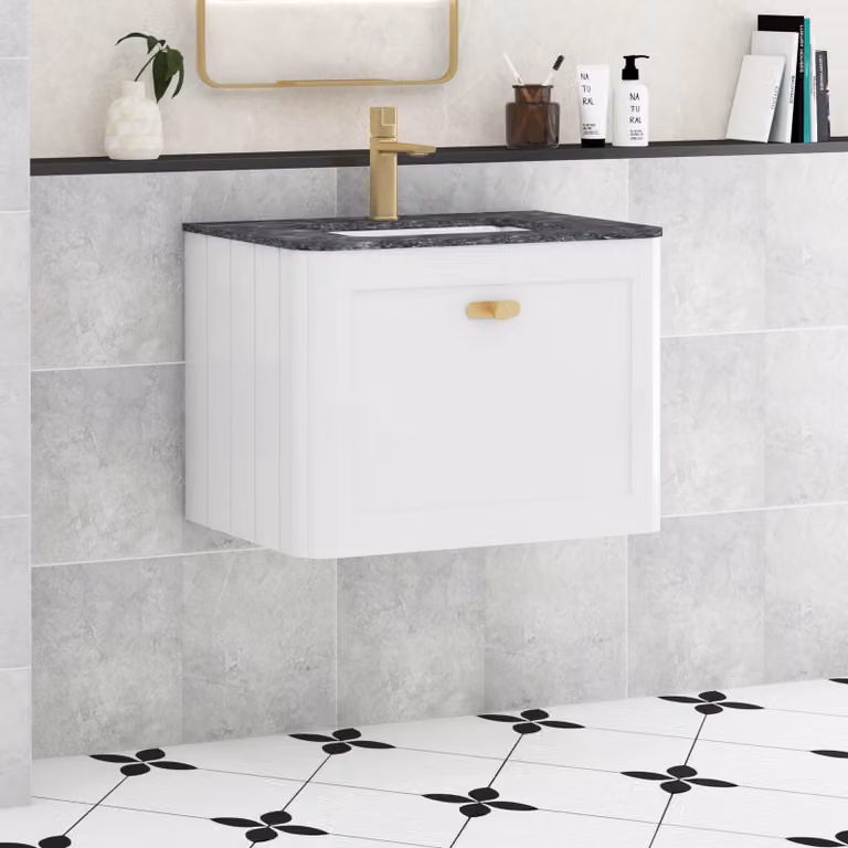 Royal Bathrooms Henley 600mm Gloss White Wall Hung Vanity Unit with Black Star Top and Brushed Brass Knob