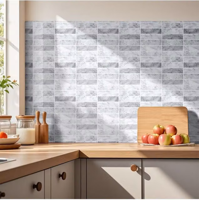 Living and Home 10-Piece 3D Rectangle Straight Pattern Self-Adhesive Tile Look Wall Stickers in Grey – 1
