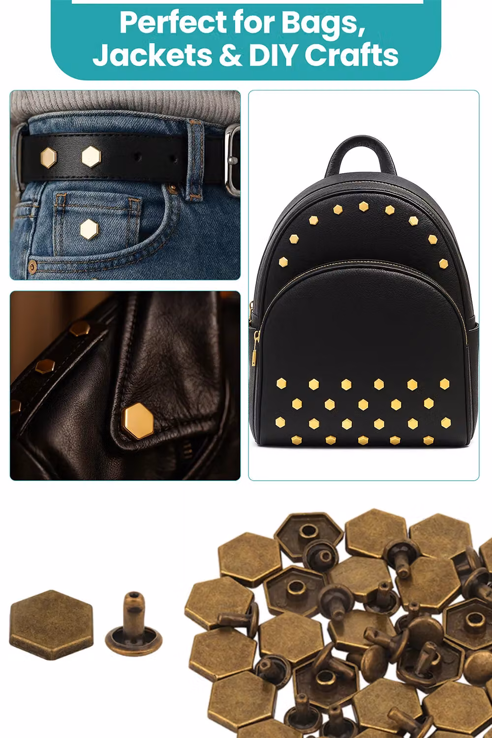 Neel Blue Bronze 14mm Hexagonal Feet Caps with 7mm Rivet Studs, 25 Pieces – 6