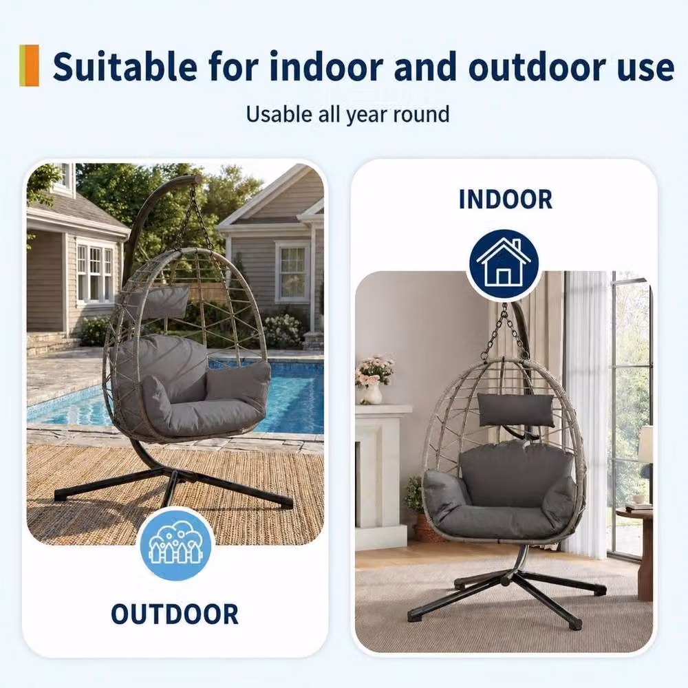 London Boutique Hanging Egg Chair with Stand, Cushions and Rain Cover in Grey – 6