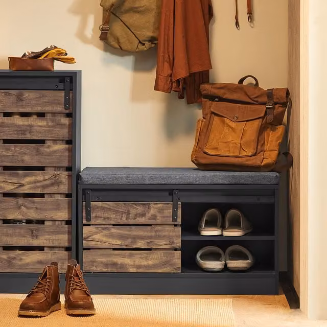 SoBuy Modern Black Hallway Shoe Storage Bench with Upholstered Fabric Seat and Shoe Rack