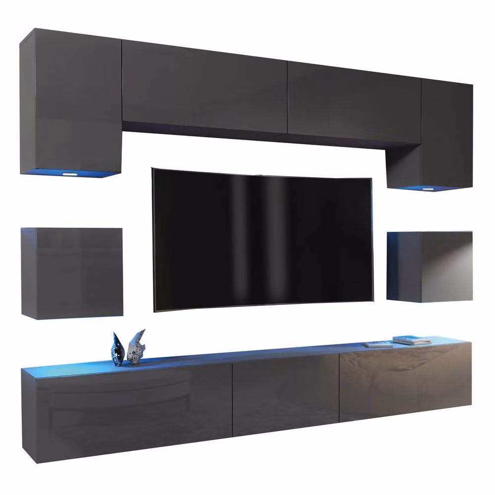 Creative Furniture Panorama Wall TV Unit in Grey with Glossy Hinged Doors and Integrated Lighting – 4