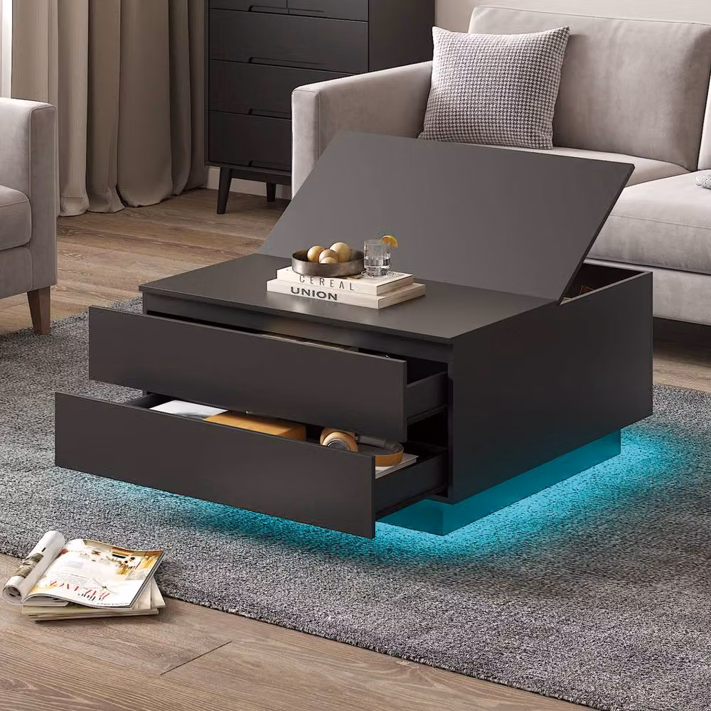 KEEPREAPER Modern Square LED Coffee Table with Flip-Top and 2 Drawers in Black – 3