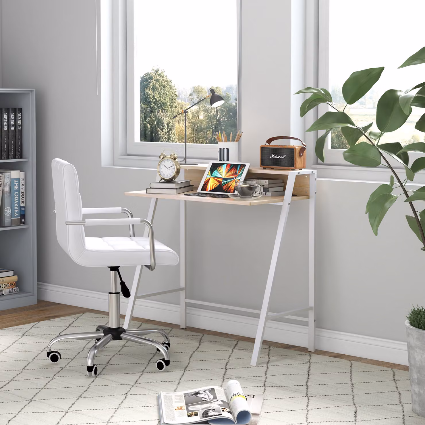 HOMCOM Modern White Office Chair and Desk Set with Storage Shelf and Faux Leather Swivel Chair – 2