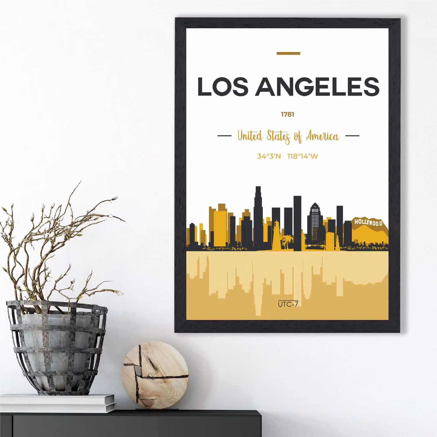 ARTZE Los Angeles City Skyline Framed Print, Yellow and Black, A3 – 2
