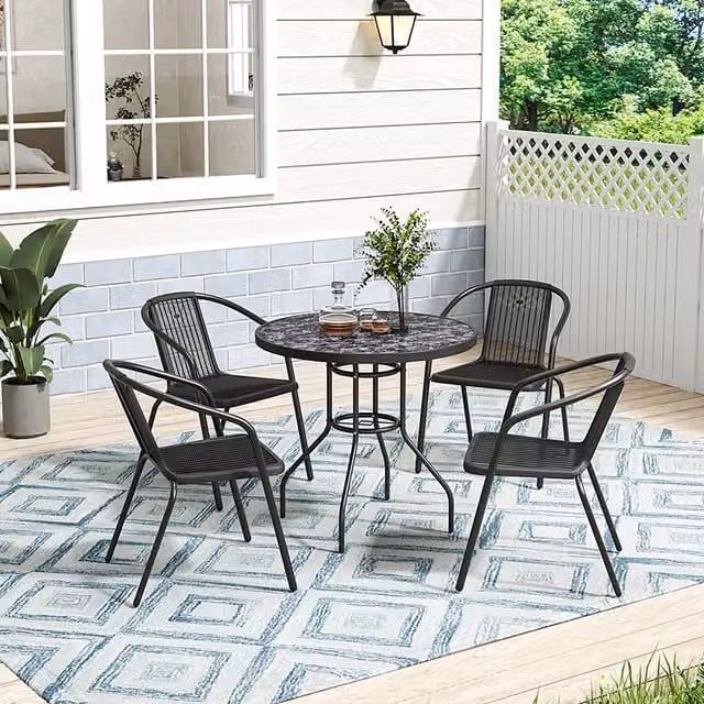Lifeideas Black Marble Effect Garden Round Table and 4 Chairs Set with Glass and Metal Accents