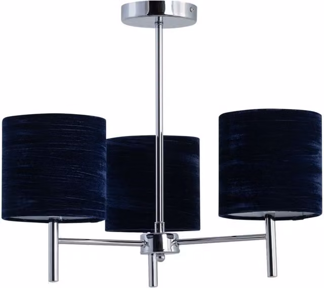 First Choice Lighting Brea Chrome 3 Light Ceiling Fitting with Blue Fabric Shades