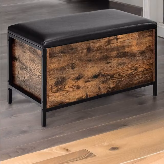 Rafaelo Mobilia Industrial Rustic Brown Shoe Storage Bench with Cushioned Synthetic Leather Seat and Hidden Storage – 1