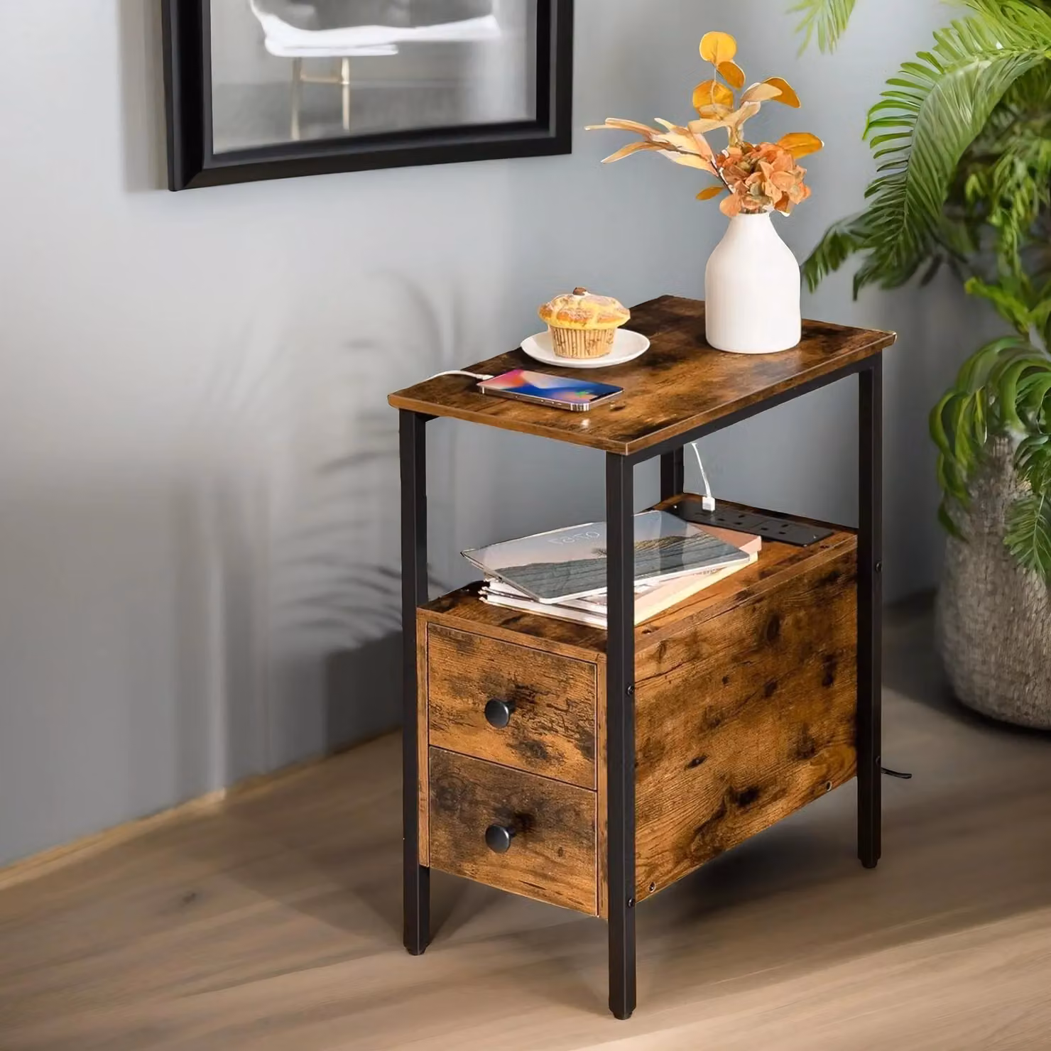 Rafaelo Mobilia Bedside Table with Power Outlet and USB Ports in Brown and Black, W/D/H: 61.5 x 30 x 48 cm – 2