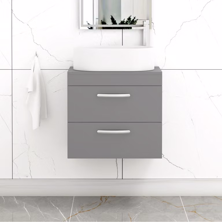 Royal Bathrooms Turin 600mm Wall Hung Vanity Unit with 2 Drawers and Countertop Basin in Indigo Grey Gloss