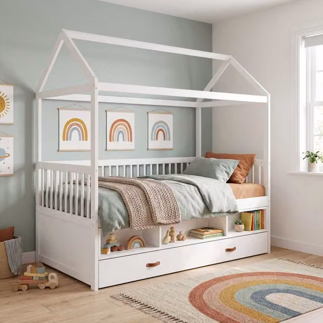 Noa and Nani Lottie Bo Peep House Day Bed with Pull-Out Trundle in White Lacquered Solid Wood