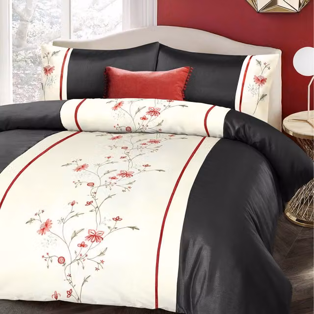 Intimates Luxury Floral Embroidered Superking Duvet Cover and Pillowcase Set in Black