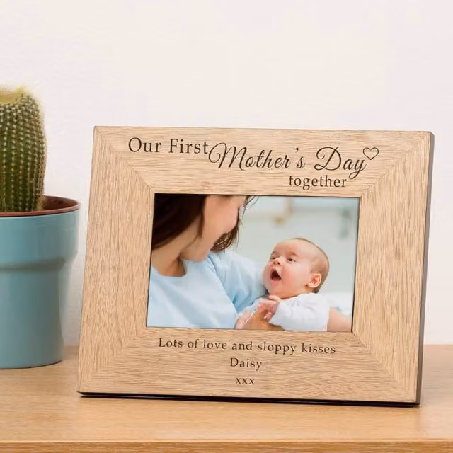 Uniqueful Personalised Our First Mothers Day Wood Photo Frame, Brown, W/H: 15 x 10 cm