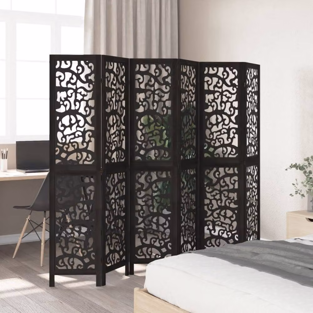 Berkfield Home 6 Panel Room Divider in Black Solid Paulownia Wood – 3