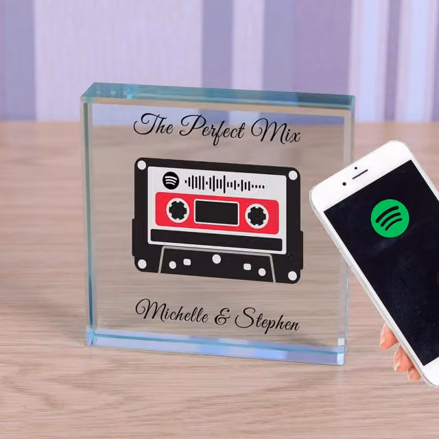Uniqueful Personalised Message and Song Cassette Glass Token Anniversary Gift in Transparent and Beige