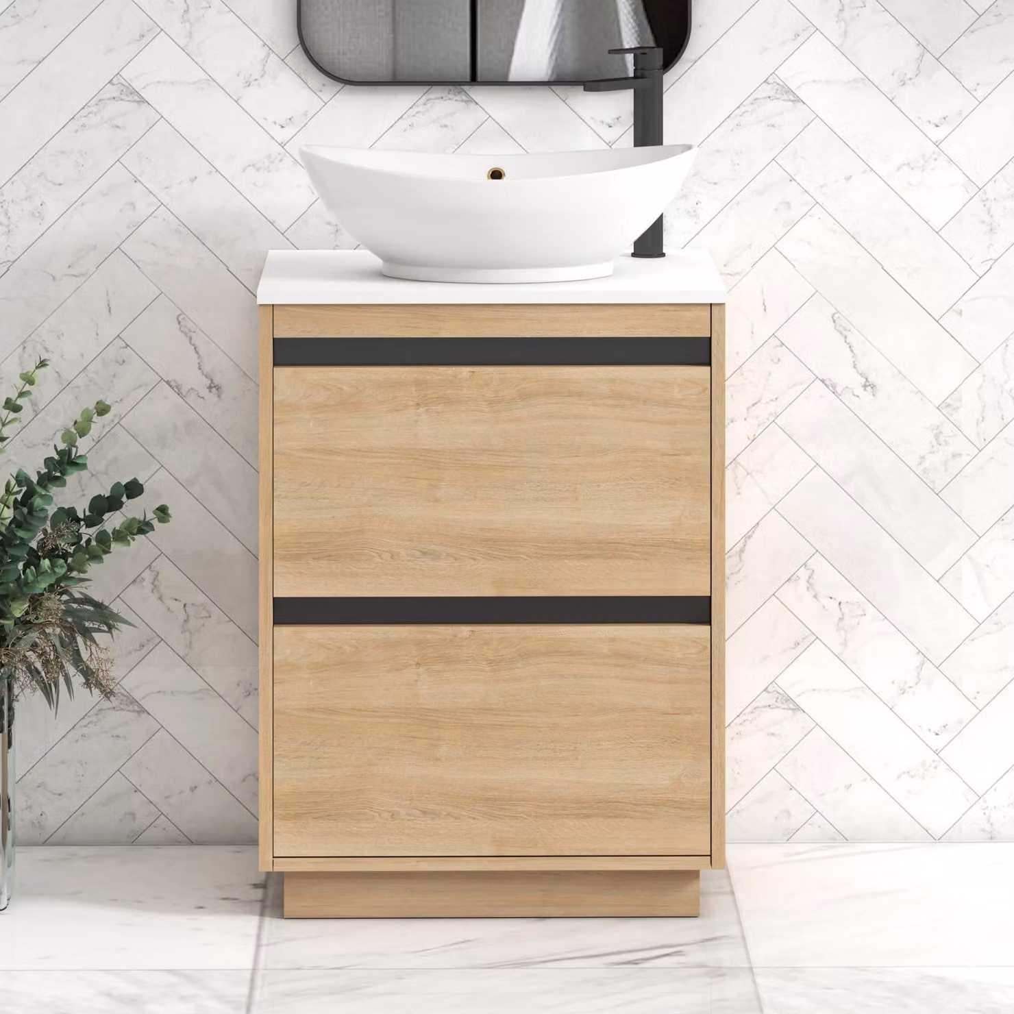 Royal Bathrooms Orion 600mm Natural Oak Floor Standing 2 Drawer Vanity Unit with Amaze Basin and Black Accent Trim