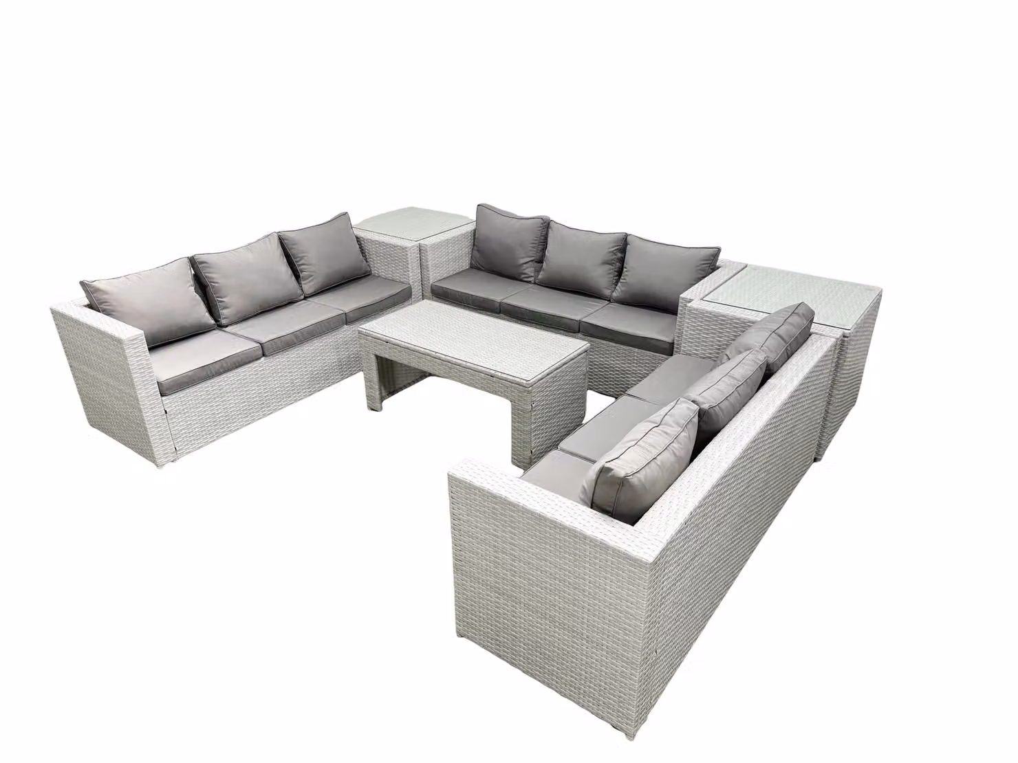 Fimous 9 Seater Rattan Garden Furniture Set with U-Shape Sofa, Oblong Coffee Table and 2 Side Tables in Light Grey – 2