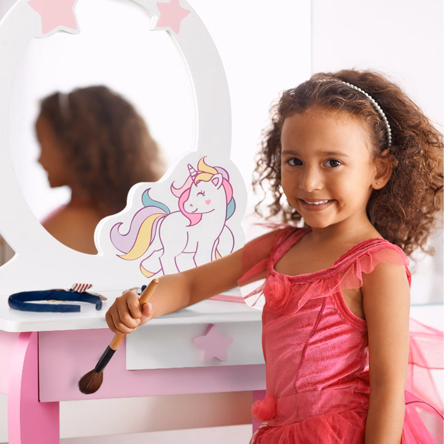 Costway Kids Princess Makeup Vanity Table and Chair Set in Pink – 2