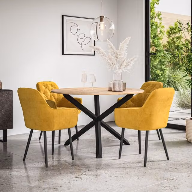 More4Homes Malvern Round Dining Table and Anika Mustard Velvet Dining Chair Set of 4, Oak Top with Black Legs, Diameter: 120 cm, Height: 75 cm