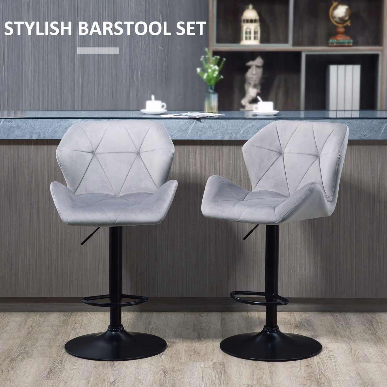 HOMCOM Set of 2 Grey Velvet Bar Stools with Backs, Adjustable Height Swivel Metal Frame and Footrest – 4