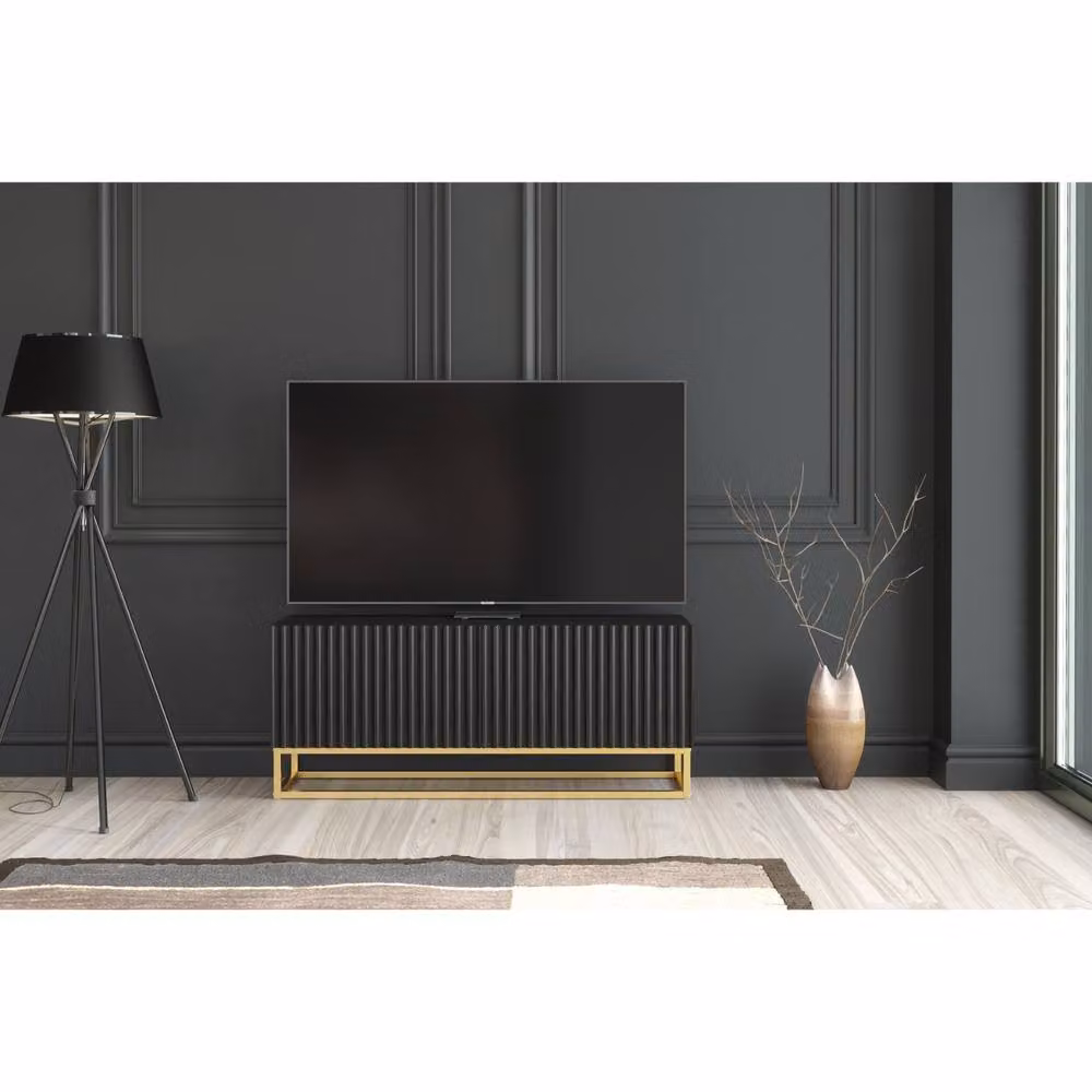 Mex Furniture LTD Ripple TV Unit in Black with Gold Accents and Fluted Doors, W: 100 cm, H: 45 cm, D: 35 cm – 2