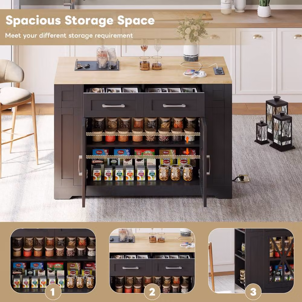 BTM Black Kitchen Island on Wheels with Folding Tabletop, Glass Doors and USB Charging Port, W/D/H: 93.5 x 70 x 70 cm – 3