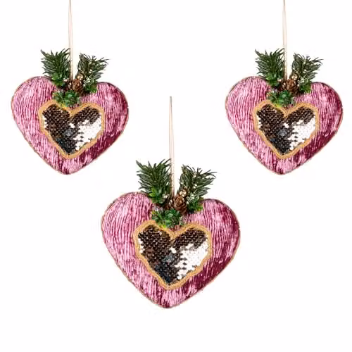 SHATCHI 3-Piece Pink and Gold Heart Christmas Tree Hanging Decorations, Textile Bauble Pendants, Diameter: 16.5 cm – 1