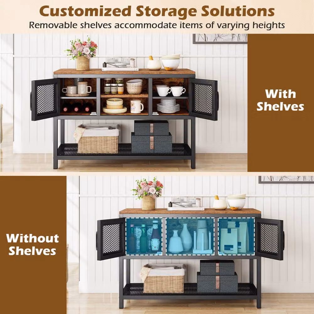 Gymax Industrial Entryway Storage Table and Sideboard with 2 Metal Mesh Doors in Brown – 6