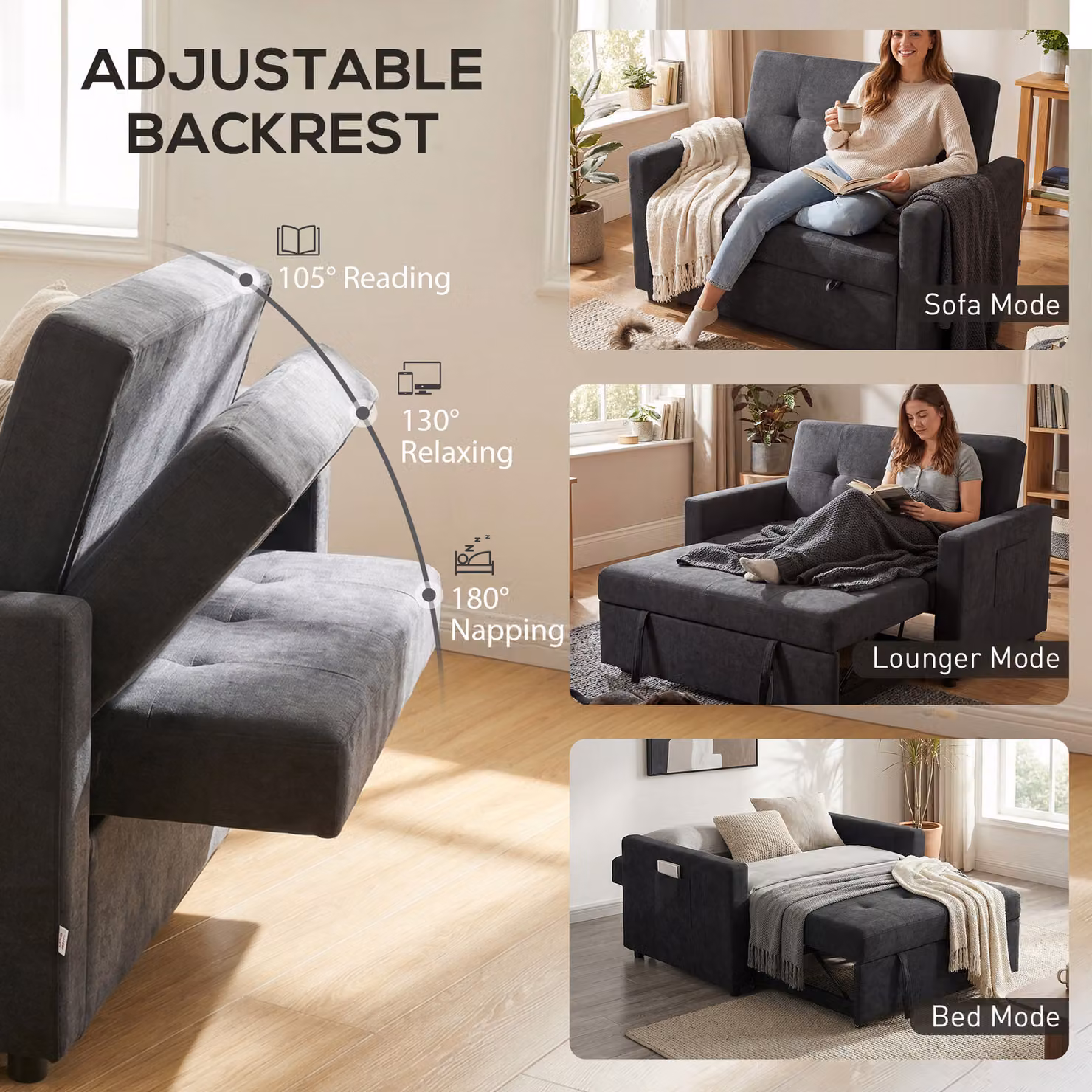 HOMCOM Black Fabric Loveseat Sofa Bed with Click-Clack Sleeping Function and Scatter Cushions – 5