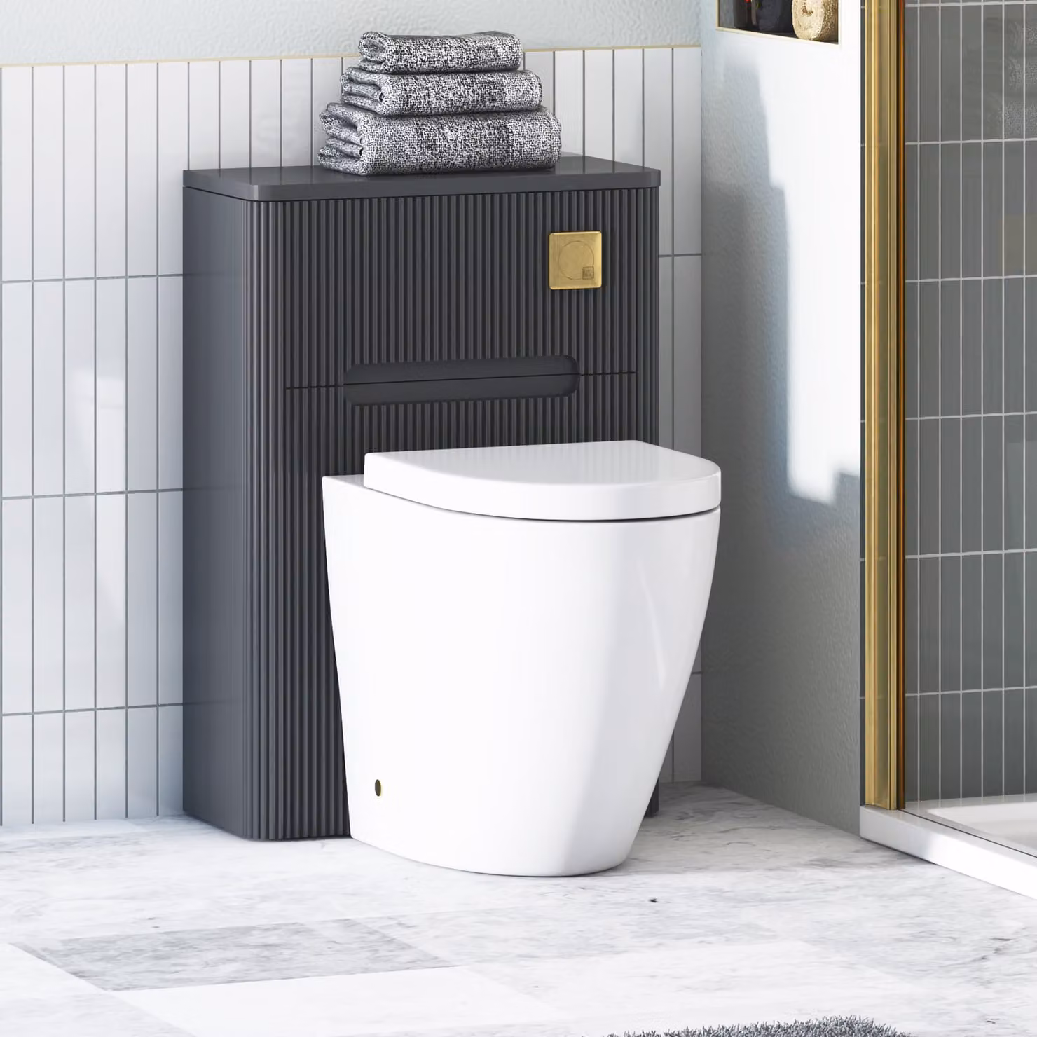 Avenza Matt Obsidian Black BTW WC Unit with Elva Rimless Short Projection Ceramic Toilet Pan, Seat and Cistern, Width: 55 cm
