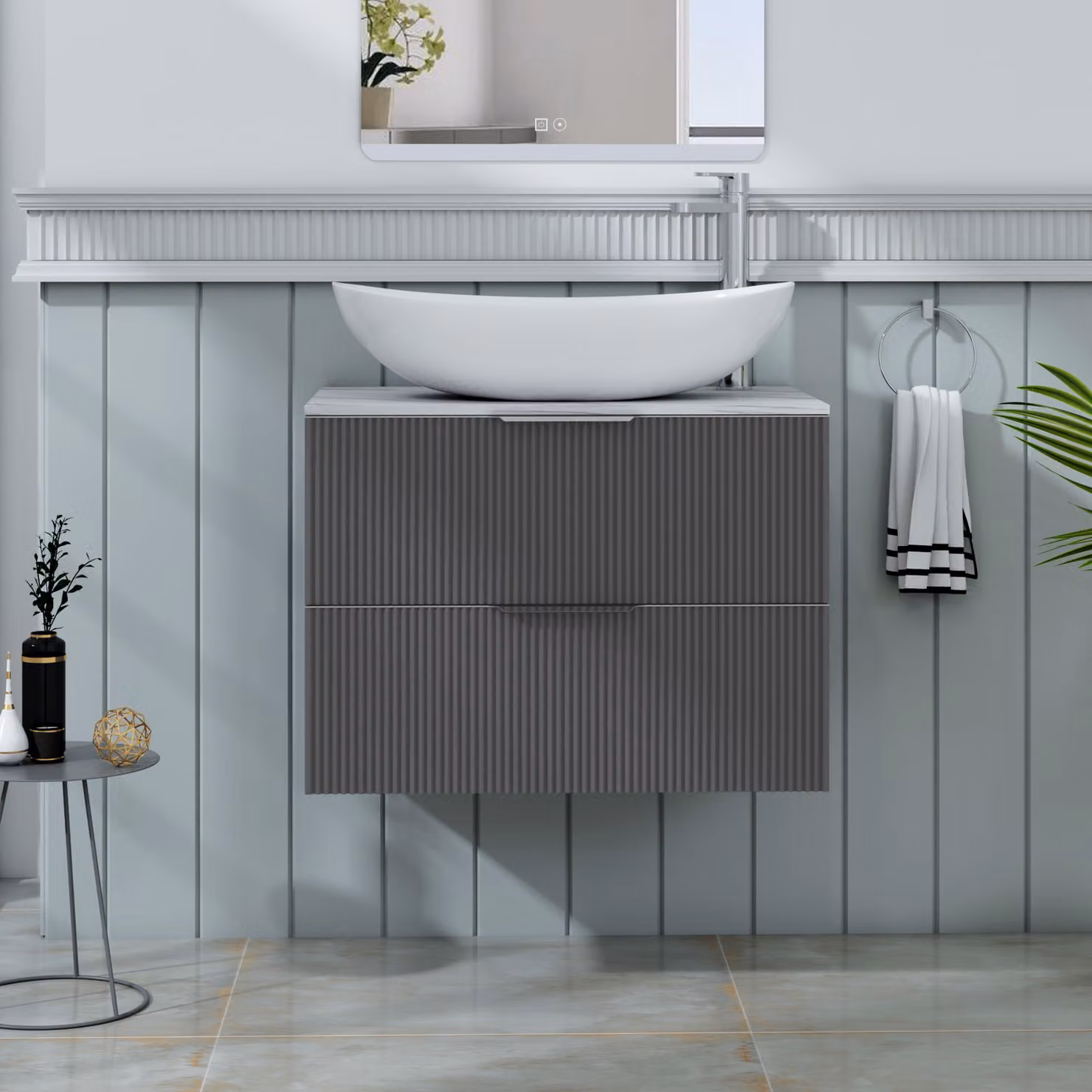 Royal Bathrooms Evora 700mm Graphite Grey Fluted Wall Hung 2 Drawer Vanity Unit with Cesar Basin