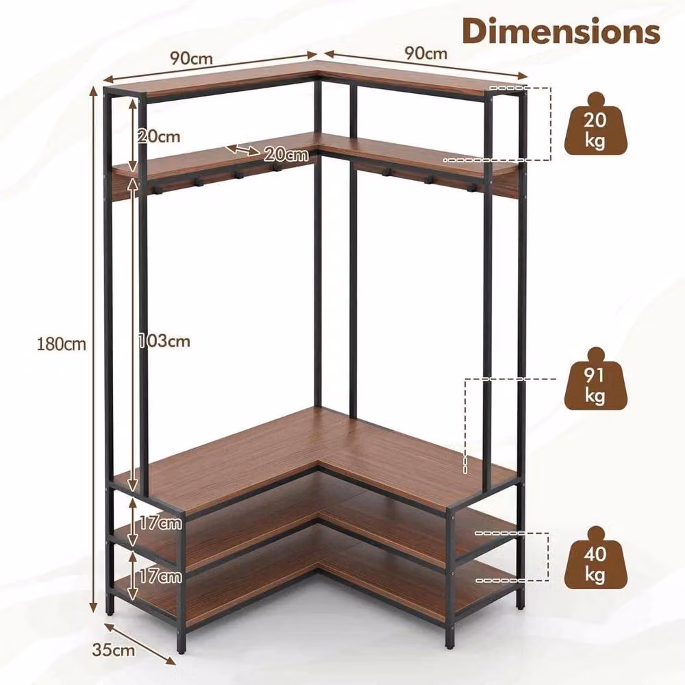 VOGREX Walnut L-Shaped Metal Clothes Rail with 7 Hooks in Brown and Black – 2