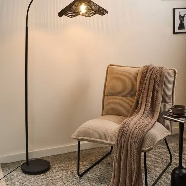Wyld and Coco Minimalist Floor Lamp with Black Metal Base and Paper Shade