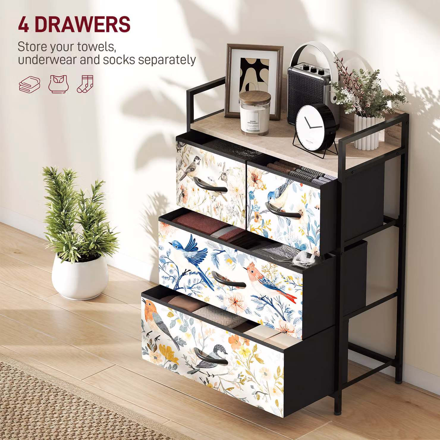 HOMCOM 4-Drawer Chest of Drawers in White with Multicolour Floral Design – 4