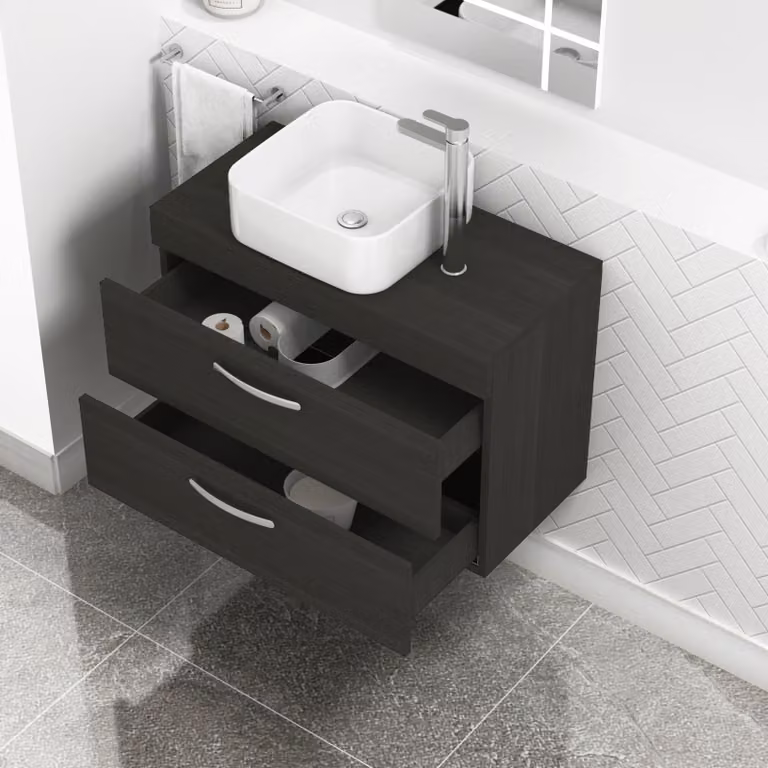 Royal Bathrooms 800mm Wall Hung Charcoal Oak Vanity Unit with Elena Countertop Basin and 2 Soft Close Drawers