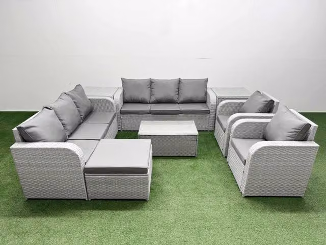 Fimous PE Rattan High Back Lounge Sofa Set in Light Grey with 3 Seater Sofa, Reclining Chair, Ottoman, Coffee Table and 2 Side Tables