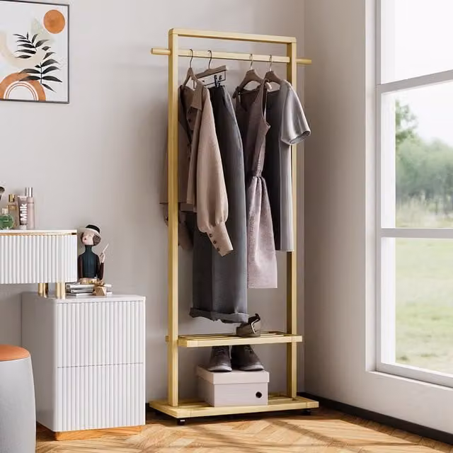 Livingandhome Modern Bamboo Clothes Rail with Storage Shelves in Wood Colour
