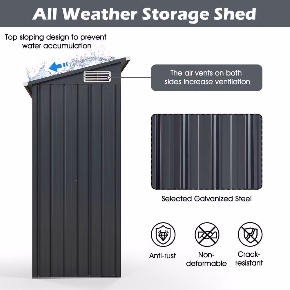 Gymax Pent Storage Shed and Tool House with Sloping Design in Dark Grey, Galvanised Steel Metal Frame – 5