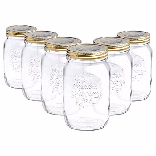 Bormioli Rocco Quattro Stagioni Glass Storage Jars, Set of 6, 1 l per jar, Transparent/White