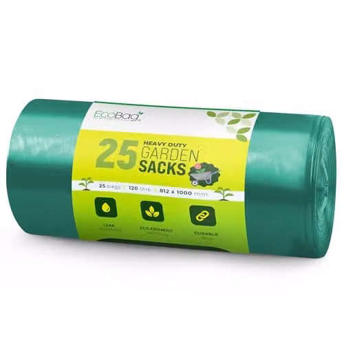 EcoBag 25 Pack Extra Strong Heavy Duty Garden Sacks, 120L, Green, W: 81.2 cm, H: 100 cm – 1
