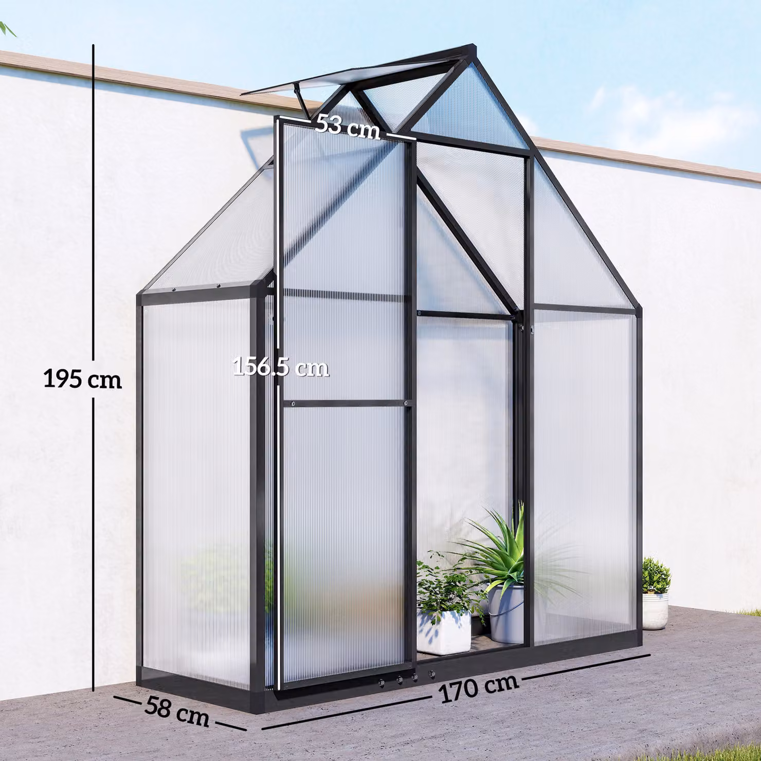 Outsunny Black Polycarbonate Walk-in Greenhouse with Aluminium Frame, Gable Roof, Hinged Swing Door and Adjustable Window, W/D/H: 167.64 x 170.0 x 195.0 cm – 3