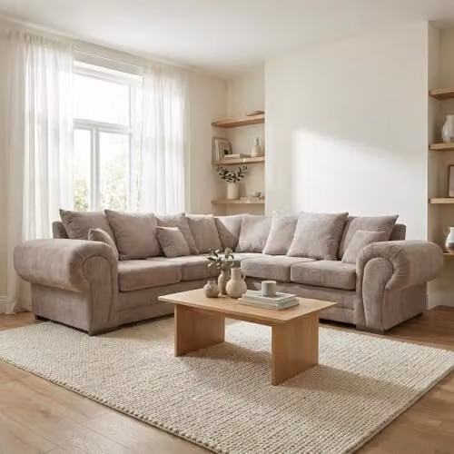 Abakus Direct Verona Chenille L-Shaped Corner Sofa in Taupe with Foam-Filled Seats and Fibre Back Cushions