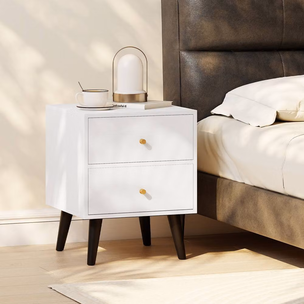 Gymax Mid Century Modern Bedside Table with 2 Drawers in White – 4