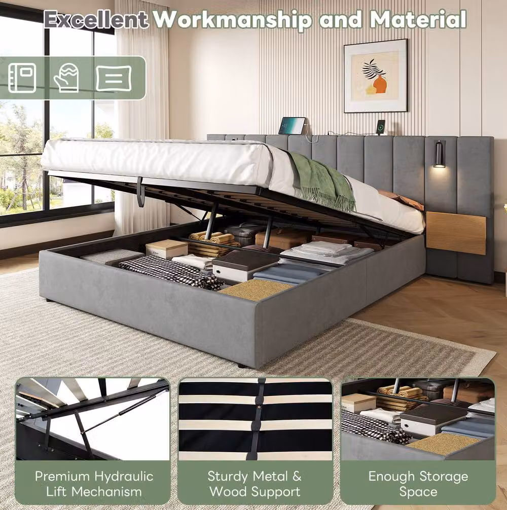 STILVORA Grey Velvet Ottoman Bed with USB Charging Port, Integrated Reading Light and Bedside Shelf, W/D/H: 180 x 200 x 152.4 cm – 4