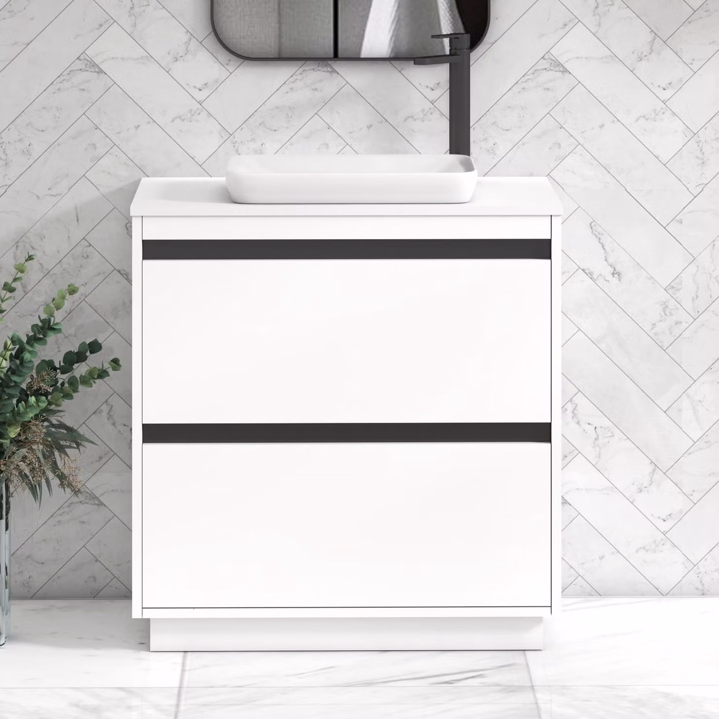 Royal Bathrooms Orion 800mm Matt White Floor Standing 2 Drawer Vanity Unit with Qubix Basin and Black Accent Trim