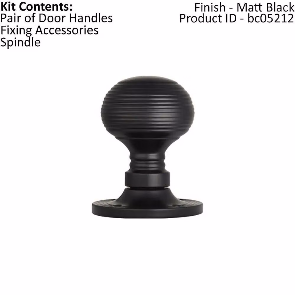 Loops Pair of Round Textured Beehive Mortice Door Knobs, Matt Black, 52mm Diameter – 2