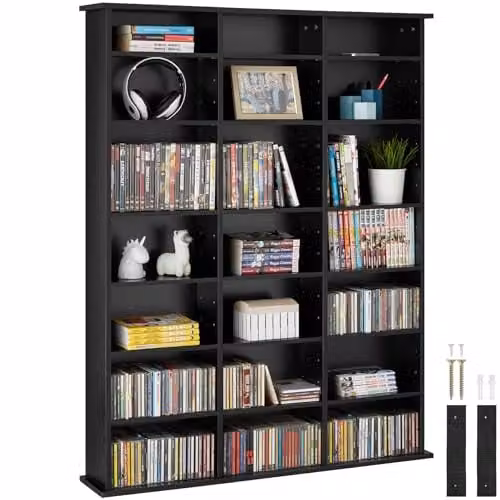 tectake CD Storage Unit in Black with Adjustable Shelves, H 136.5 x W 105.5 x D 19.0 cm – 1