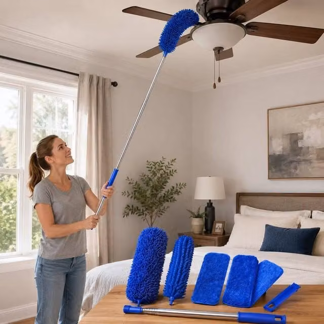 PAWNORA 6 Pack Blue Microfibre Extendable Duster Cleaning Kit with Telescopic Handle