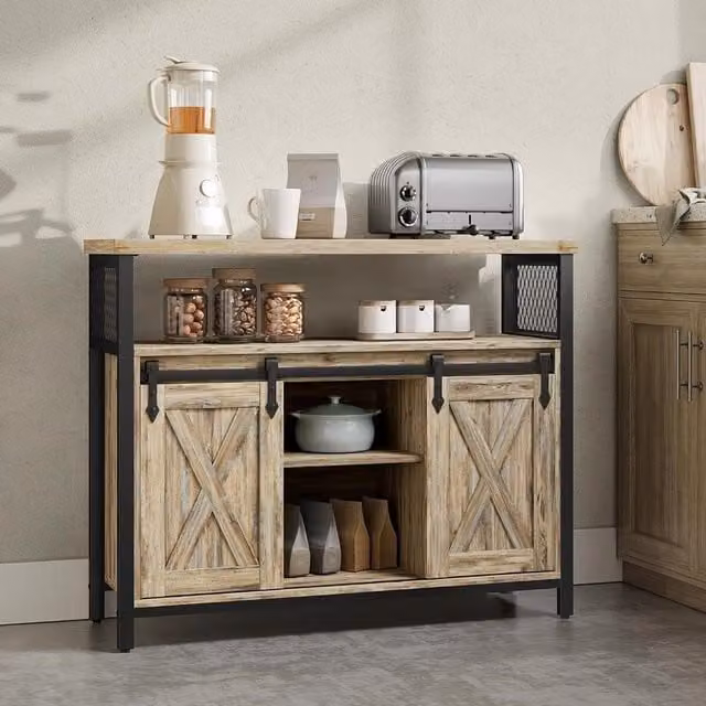 VASAGLE Industrial Sideboard Kitchen Cabinet with 2 Sliding Barn Doors and Adjustable Shelves in Light Tan